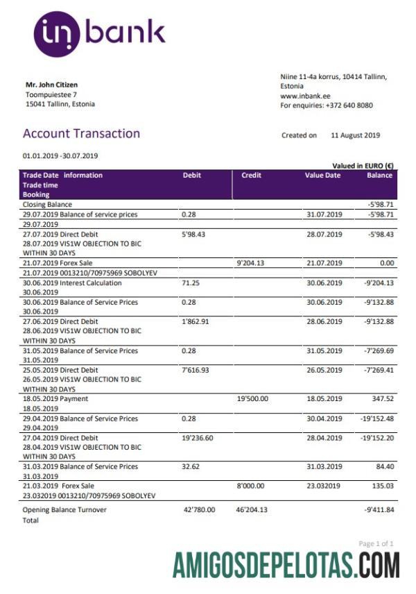 Exemplo de extrato bancário do Inbank da Estônia